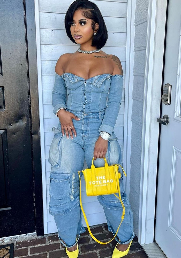Off-Shoulder Buttoned Multi-Pocket Denim Jumpsuit for Autumn & Winter