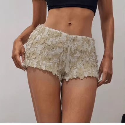 Women Beige Sequined Sexy Shorts
