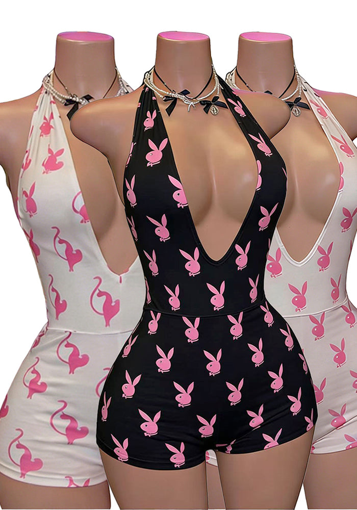 Printed V-Neck Halter Backless Jumpsuit for Summer Parties