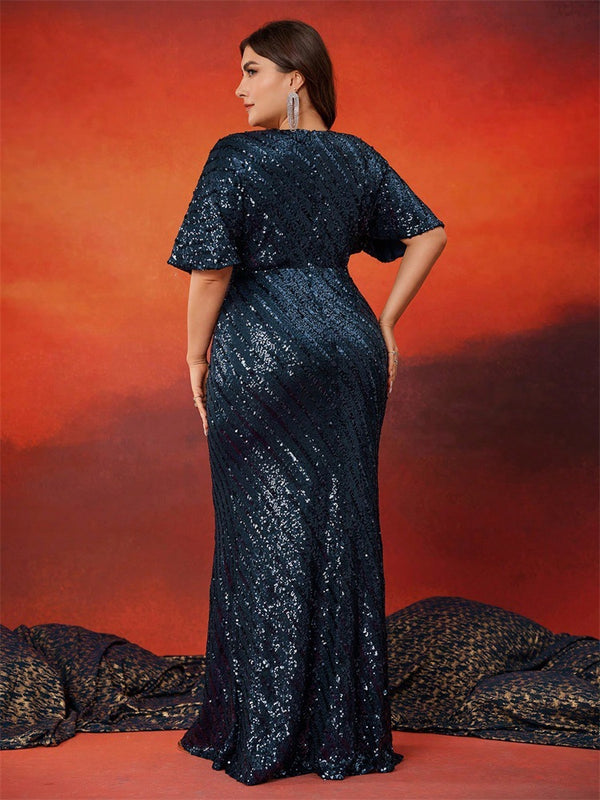 Plus Size Women Gorgeous Sequin V Neck Short Sleeve Dinner Elegant Fishtail Party Evening Dress