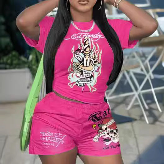 Printed Short-Sleeve Sports Shorts Set for Spring/Summer Activewear