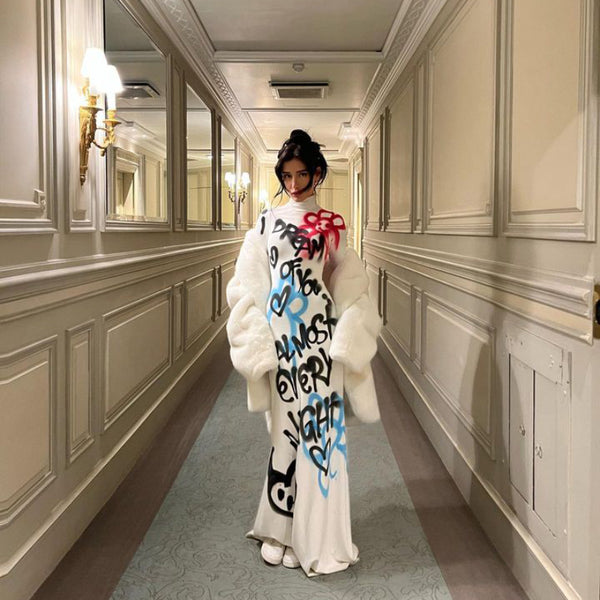 Women Autumn Round Neck Long Sleeve Graffiti Letter Print Maxi Dress