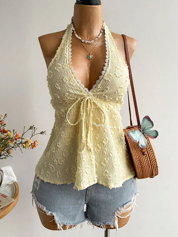 V-Neck Backless Halter Jacquard Sleeveless Top for Holidays