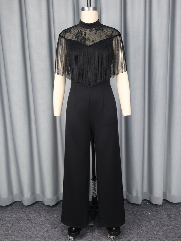 Black Long Sleeve Fringe Lace See-Through Slim Fit Jumpsuit
