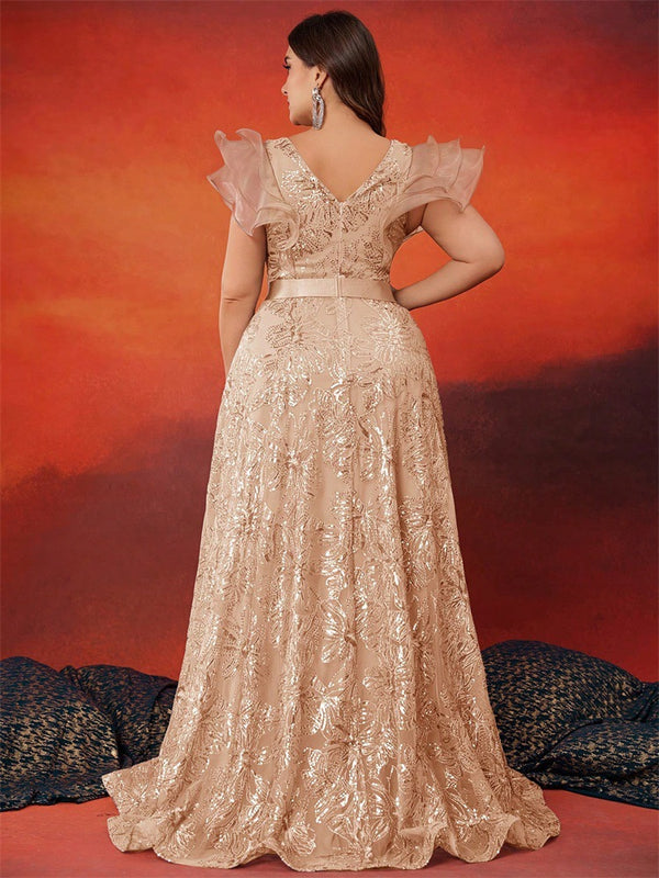 Plus Size Women Elegant Sequin Patchwork V Neck Ruffle Party Cocktail Dinner Evening Dress