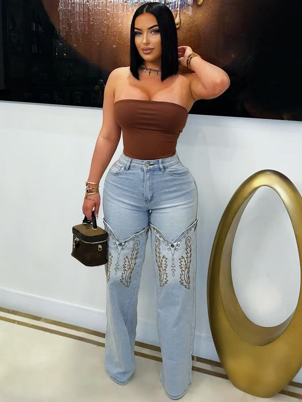 Women's Fashion Embroidered Blue High-Waisted Wide-Leg Denim Pants