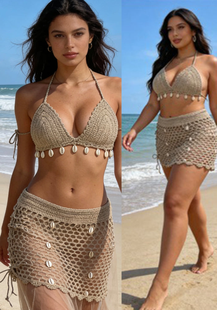 Crochet Hollow-Out Shell Bodycon Skirt for Beach Holidays