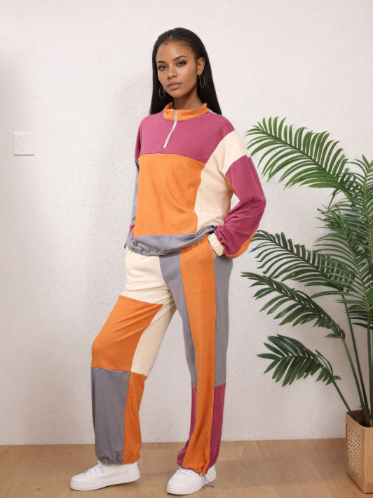 Women's Casual Patchwork Long Sleeve Zip-Up Hoodie Elastic Waist Straight Pants Sport Set