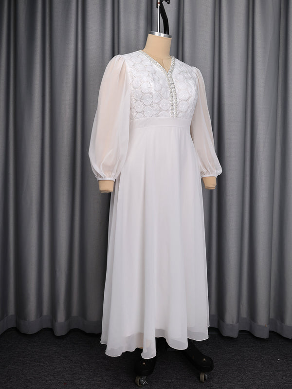 Plus Size White Lace Patchwork Chiffon Dress for Weddings & Events
