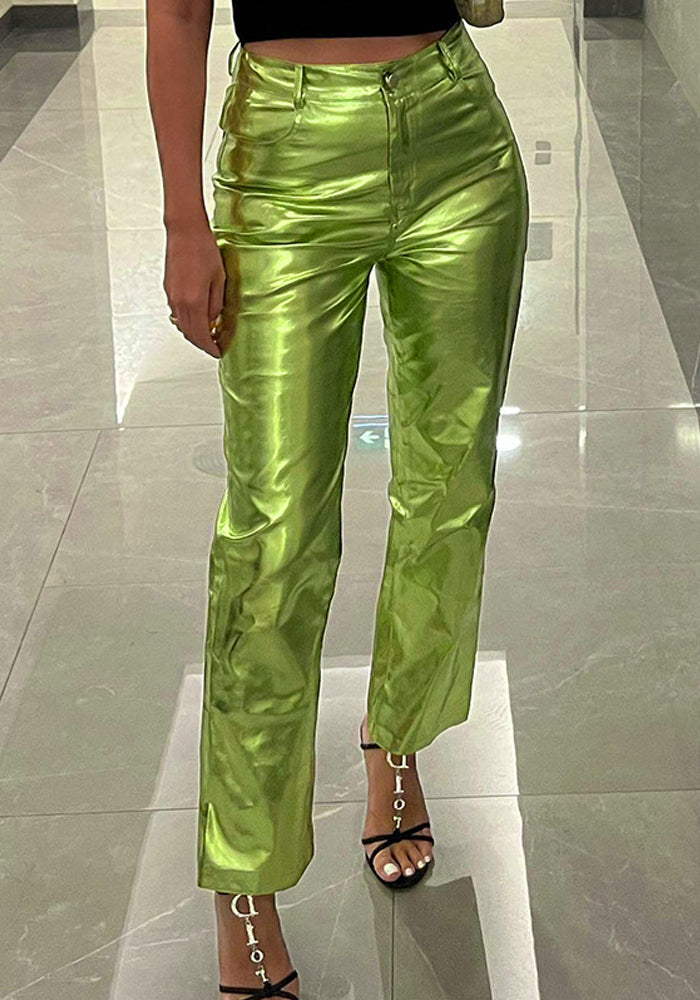 Women pu Leather Pocket Zip Casual Trousers