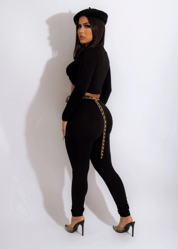 Women Crop Cross Pleated Long Sleeve Top and Pants Two Piece Set