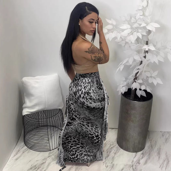 Leopard Print Tassel Long Skirt for Evening Outings