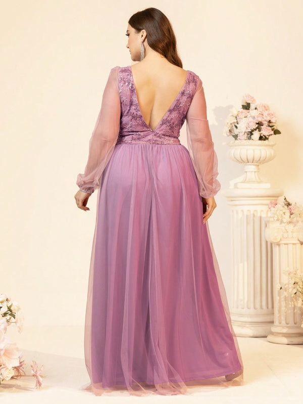 Plus Size Women Spring Summer Sequined Mesh Patchwork Evening Dress