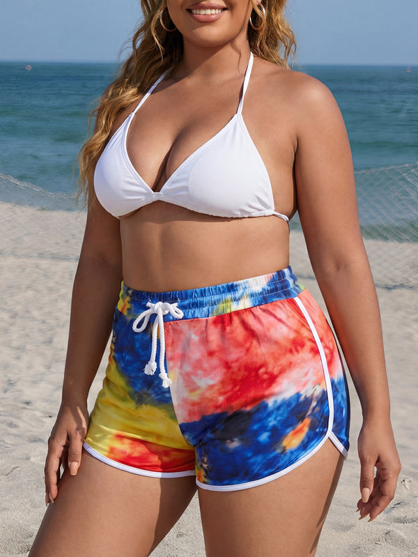 Plus Size Tie-Dye Drawstring Elastic Waist Beach Shorts