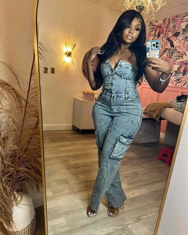 Strapless Embroidered Elastic Denim Jumpsuit for Casual Outings