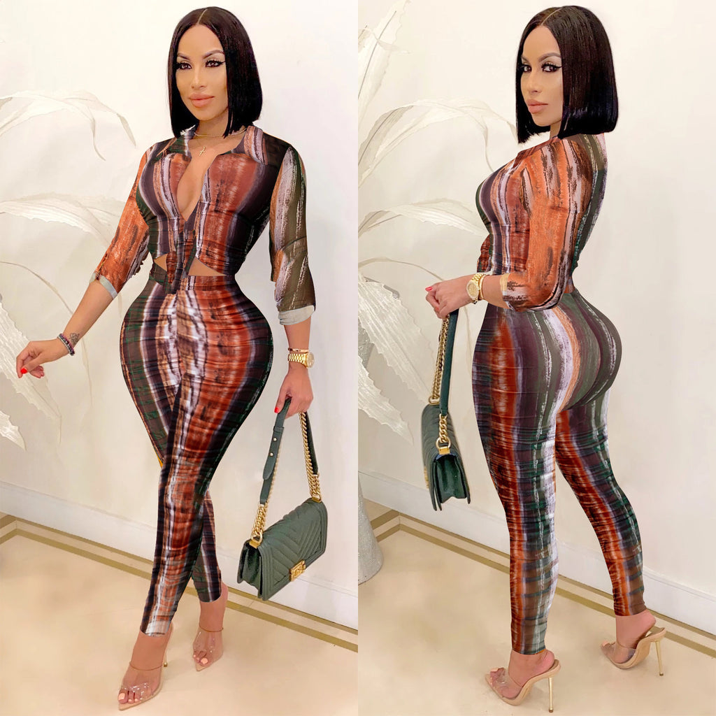 Printed V-Neck Long-Sleeve Pants Set