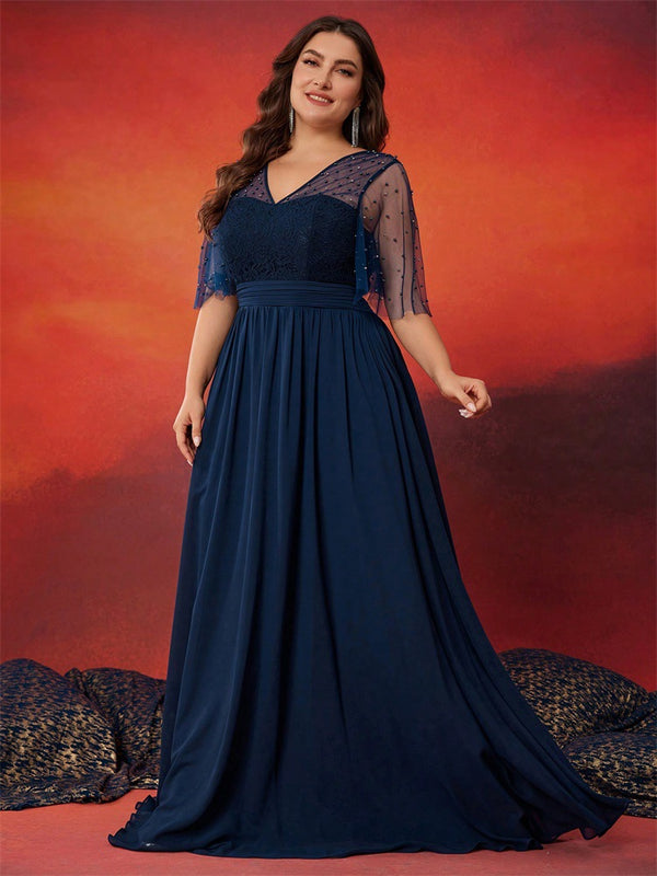 Women Beaded Lace Patchwork Chiffon Short Sleeve V Neck Elegant Dinner Ball Evening Dress