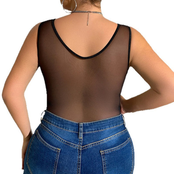 Plus Size Women Black Diamond Lace Patchwork Lace Sexy Bodysuit