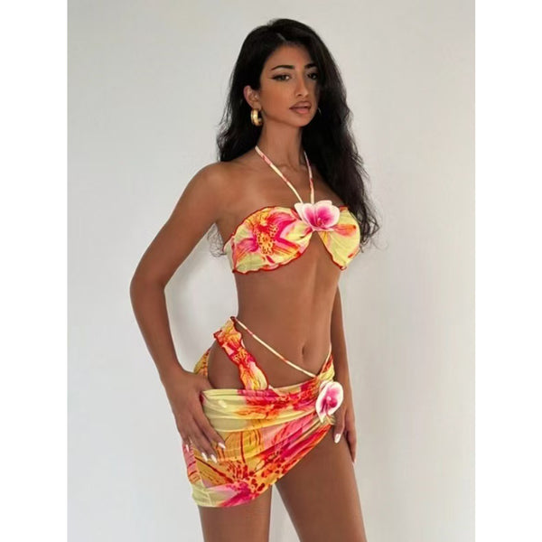 Women Printed Backless Halter Neck Bikini Swimwear Three-Piece