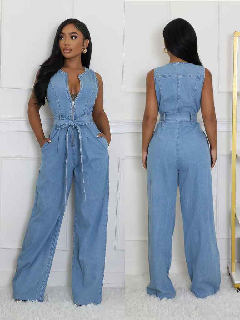 Women Stretchy Washed Denim Jumpsuits