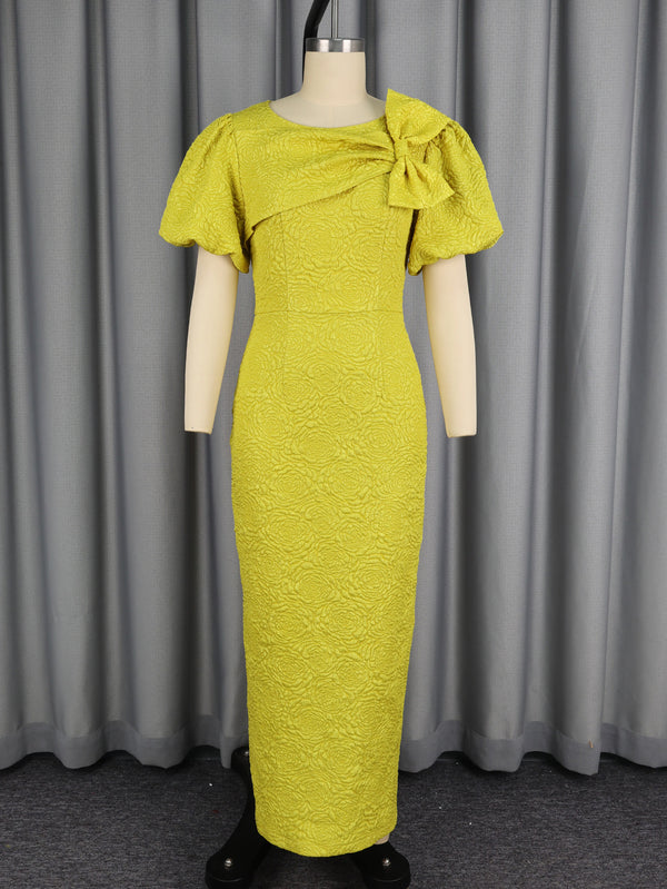 Plus Size Jacquard Bow Puff Sleeve Bodycon Dress for Formal Parties