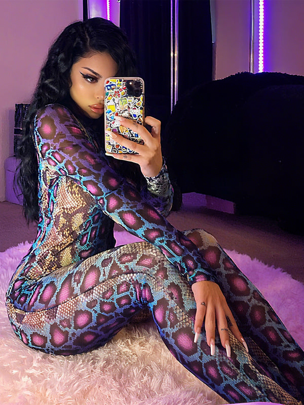 Women's Snake Print Tight-Fitting Sexy Clubwear Jumpsuit