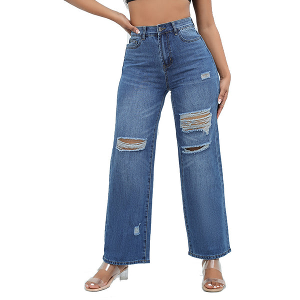 Chic Washed Ripped Straight-Leg Wide Denim Jeans for Women