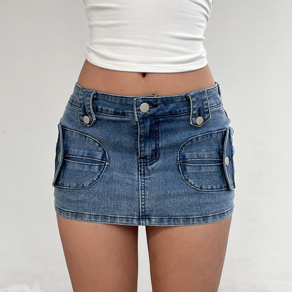 Washed Slant Pocket Denim Skirt for Casual Streetwear