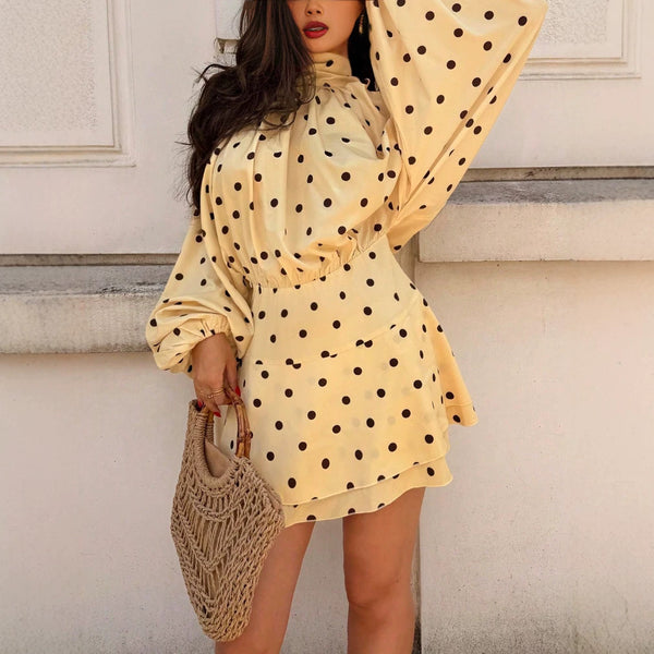 Polka Dot Lantern Sleeve Off-Shoulder Halter Neck Dress