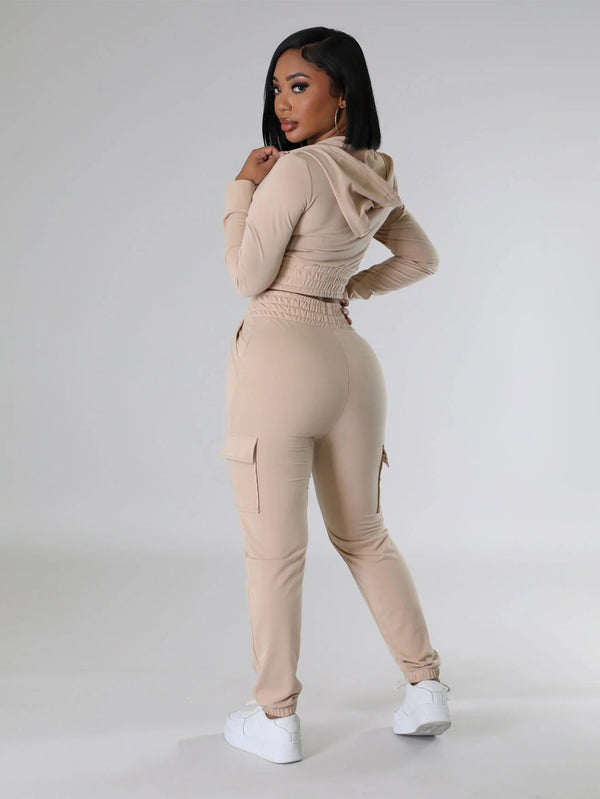 Fall/Winter Women's Fashion Hooded Zip-Up Cropped Jacket & Drawstring Pocket Pants Two-Piece Set