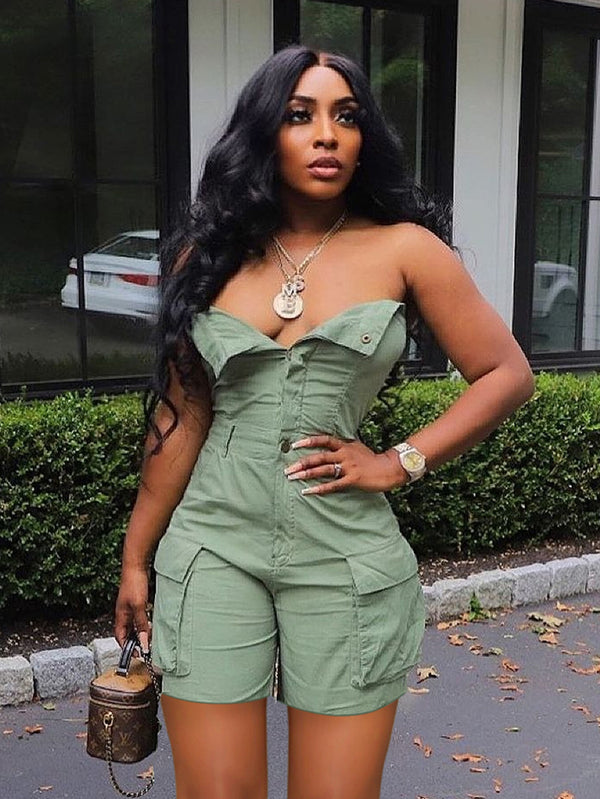 Strapless Button Pocket Denim Jumpsuit for Spring Casual Wear