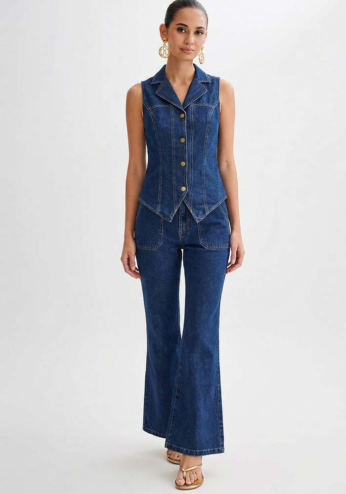 Women Sleeveless Denim Vest and Wide-Leg Pants Two-Piece Set
