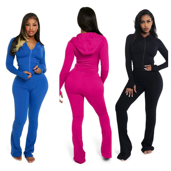 Solid Color Hooded Two-Piece Pants Set for Casual Loungewear