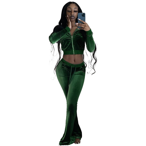 Velvet Long Sleeve Zipper Crop Top & Pants Set for Activewear