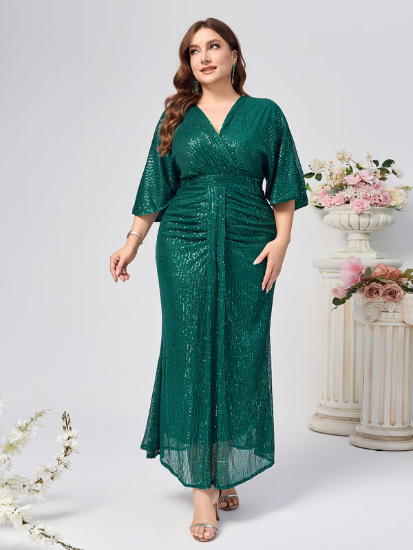 Plus Size Women Sequin Solid v-neck sequin sleeve Formal Party Dress