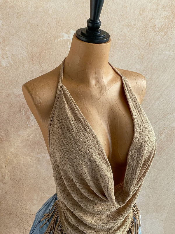 Women's Casual Halter Neck Low Back Tie Sleeveless Tank Top