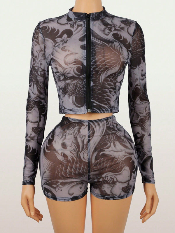 Mesh See-Through Zipper Long-Sleeve Top & Shorts Set for Club Wear