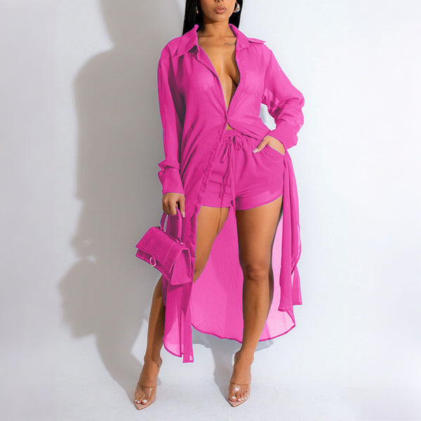 See-Through Long Sleeve Button-Down Shirt & Shorts Set for Beach Cover-Up