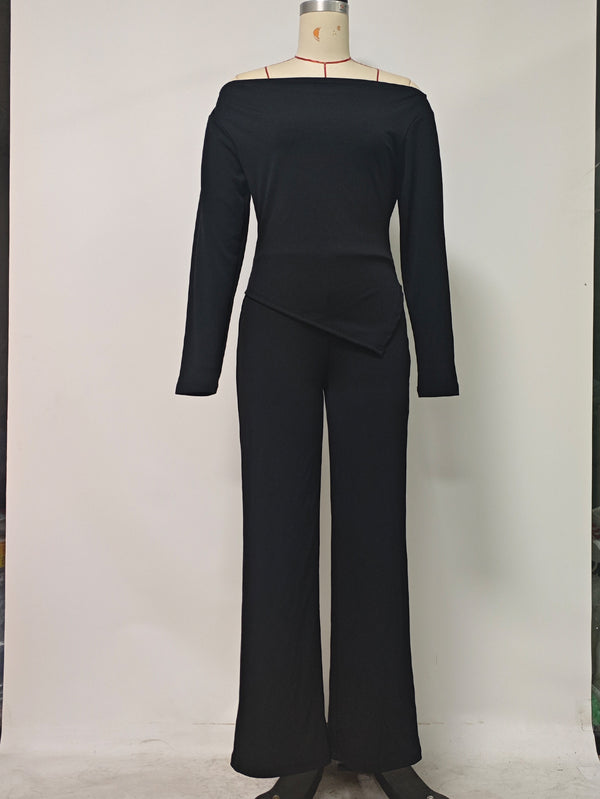 Fall/Winter Women's Solid Color Long Sleeve Top & Slim Straight Pants Casual Two-Piece Set