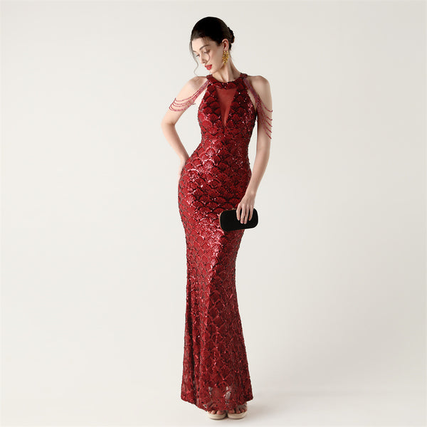 Sequin Fishtail Evening Dress Beaded Chain Formal Gown