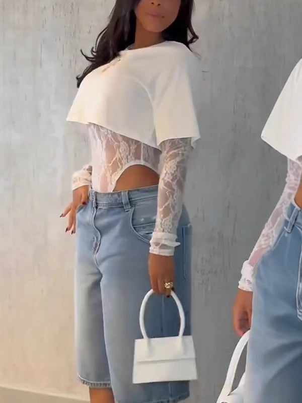 Summer Lace Bodysuit & Round Neck Long-Sleeve Top Two-Piece Set