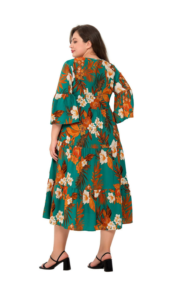 Plus Size Round Neck Printed Casual Dress for Spring/Summer