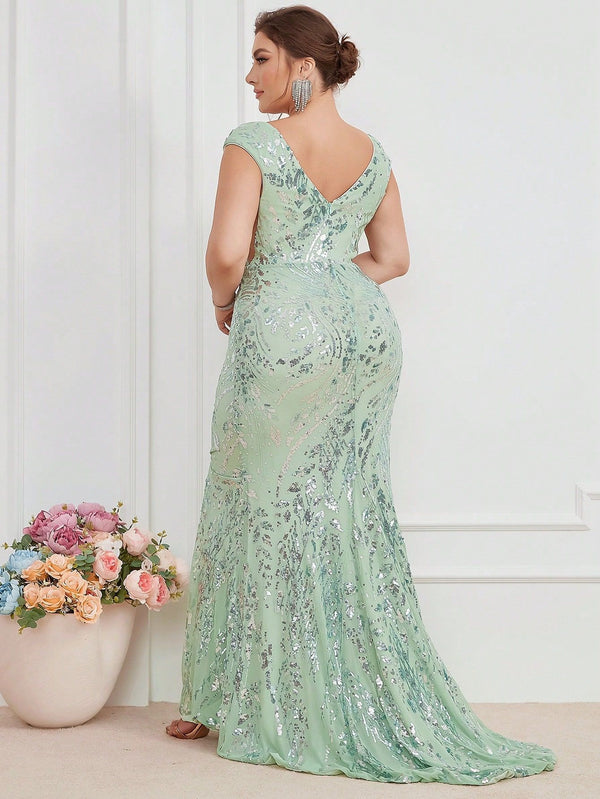 Plus Size V Neck Sleeveless Sequin Patchwork Mesh Bodycon Fishtail Evening Dress