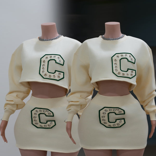 Letter Embroidered Long Sleeve Top & Skirt Set for Autumn