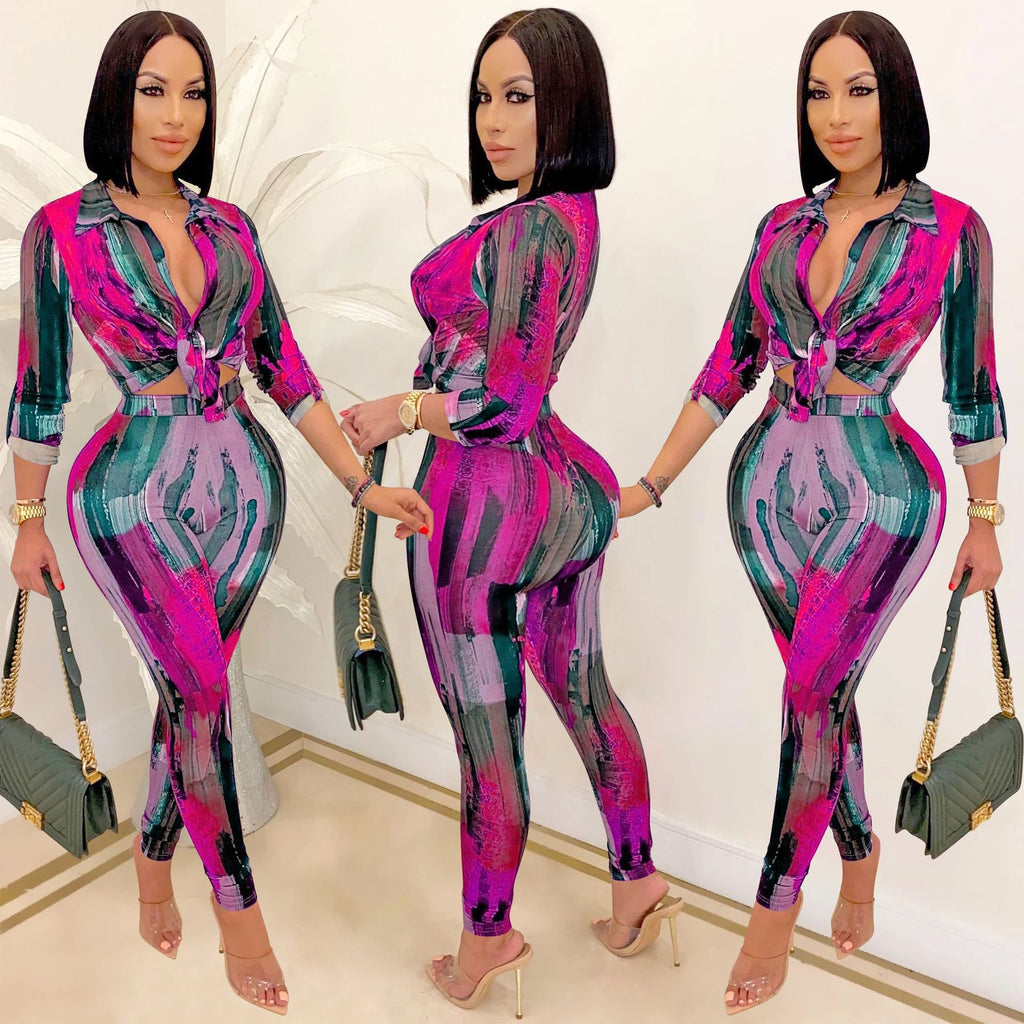 Printed V-Neck Long-Sleeve Pants Set
