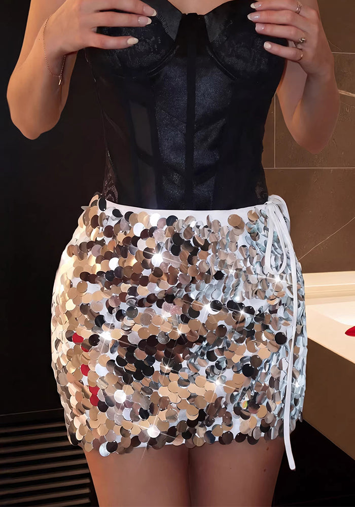 Silver Sequin High-Waist Asymmetrical Lace-Up Party Mini Skirt