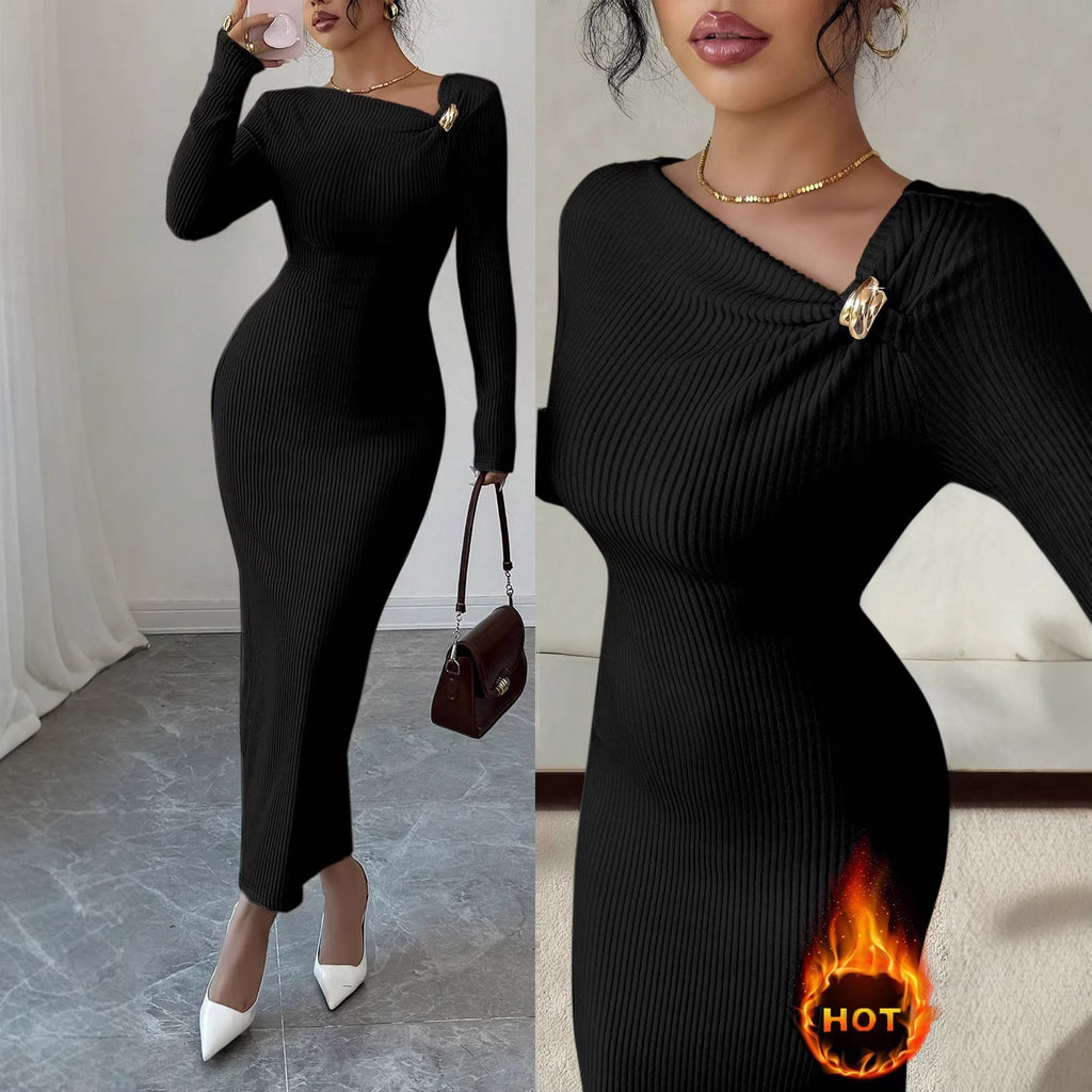 Women Elegant Solid Asymmetrical Neck Long-Sleeve Dress