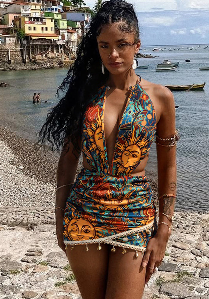 Women Summer Printed V-Neck Sexy Halter Neck Dress