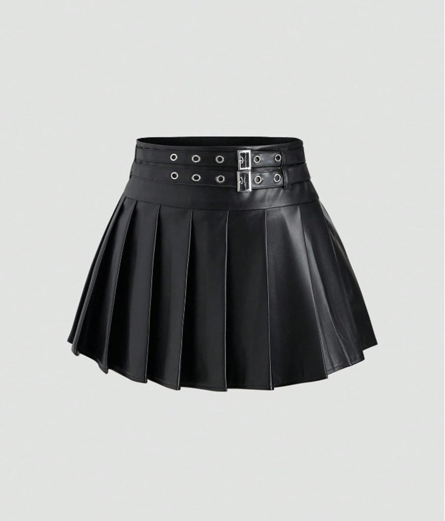Women Black Pu Leather Pleated Skirt