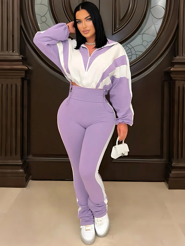 Contrast Color Patchwork High-Waist Sporty Two-Piece Pants Set
